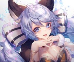  black_capelet blue_eyes blush bow breasts capelet cleavage dress female granblue_fantasy hairbow kogome_(azalea4) large_breasts light_purple_hair long_hair looking_at_viewer low_twintails open_mouth satyr_(granblue_fantasy) smile solo star_(symbol) striped striped_bow twintails very_long_hair white_bow 