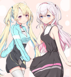  2girls :3 absurdres ahoge avatar_2.0_project bare_shoulders black_dress blonde_hair blue_eyes blue_hair blush breasts closed_mouth dress hair_between_eyes hairband hand_up highres jacket long_hair long_sleeves looking_at_viewer medium_breasts minase_shia multicolored_hair multiple_girls musubime_yui pink_eyes pink_hair sidelocks sleeveless sleeveless_dress smile thighhighs twintails two-tone_hair two_side_up very_long_hair virtual_youtuber white_hair white_legwear zky_(oekaky) 