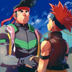  2boys biker_clothes bikesuit black_hair blush bodysuit crow_hogan fingerless_gloves gloves hachimaki hair_strand handshake headband highres huge_eyebrows lai-ja male_focus multiple_boys noboru_gongenzaka orange_hair pompadour red_nose short_hair sideburns smile spiked_hair upper_body yu-gi-oh! yu-gi-oh!_5d&#039;s yu-gi-oh!_arc-v 