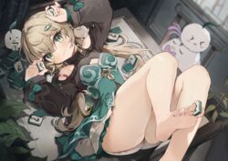  :3 bare_shoulders barefoot between_toes blush braid breasts cleavage cleavage_cutout closed_mouth clothing_cutout commentary coria dress feet female foot_focus foot_out_of_frame french_braid green_dress green_eyes highres holding honkai:_star_rail honkai_(series) indoors layered_sleeves legs_up light_brown_hair long_hair long_sleeves looking_at_viewer lying mahjong mahjong_tile on_back qingque_(honkai:_star_rail) short_shorts shorts shoulder_cutout small_breasts soles solo symbol-only_commentary toes twintails white_shorts 