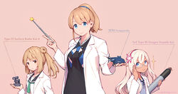  3girls aircraft alternate_costume black_sailor_collar blonde_hair blue_eyes blue_sailor_collar blush breasts brown_eyes brown_hair commentary_request cosplay double_bun fairy_(kancolle) fairy_(kancolle)_(cosplay) flower glasses hair_bun hair_flower hair_ornament highres holding holding_wand intrepid_(kancolle) kantai_collection lab_coat large_breasts light_brown_hair long_hair long_sleeves looking_at_viewer michishio_(kancolle) michishio_kai_ni_(kancolle) multiple_girls nakaaki_masashi neckerchief ponytail prototype_fat_type_95_oxygen_torpedo_kai radar ro-500_(kancolle) sailor_collar school_uniform serafuku short_hair short_twintails simple_background smile star_wand tan tanlines torpedo twintails upper_body wand xf5u 