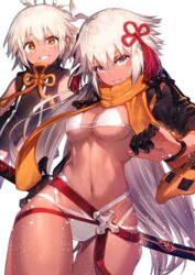  2girls absurdres ahoge bikini black_jacket breasts cropped_jacket dark-skinned_female dark_skin fate/grand_order fate_(series) grey_eyes grin highres jacket long_hair long_sleeves looking_at_viewer medium_breasts multiple_girls nakanishi_tatsuya navel okita_souji_(fate) okita_souji_alter_(swimsuit_saber)_(fate) okita_souji_alter_(swimsuit_saber)_(first_ascension)_(fate) orange_scarf rengoku_(fate) rengoku_(first_ascension)_(fate) revision scarf shrug_(clothing) smile swimsuit tassel thighs very_long_hair white_bikini white_hair 