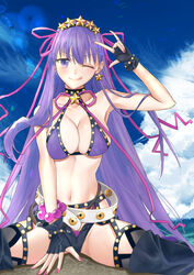  bare_shoulders bb_(fate) bb_(swimsuit_mooncancer)_(fate) bb_(swimsuit_mooncancer)_(second_ascension)_(fate) beach bead_bracelet beads belt bikini black_garter_belt black_gloves black_shorts black_thighhighs blue_sky blush bracelet breasts cleavage collarbone day earrings fate/grand_order fate_(series) female fingerless_gloves garter_belt gloves hair_ornament hair_ribbon hairband hand_up jewelry large_breasts licking_lips long_hair looking_at_viewer merokonbu0 micro_shorts navel neck_ribbon ocean one_eye_closed outdoors purple_bikini purple_eyes purple_hair ribbon shorts sitting sky smile star_(symbol) star_earrings star_hair_ornament studded_garter_belt swimsuit thighhighs thighs tongue tongue_out very_long_hair wariza white_belt 