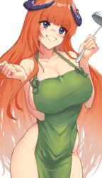  absurdres apron arknights bagpipe_(arknights) bare_arms bare_shoulders blush breasts cleavage collarbone commentary cowboy_shot female green_apron grin hands_up highres holding holding_ladle horns ladle large_breasts naked_apron orange_hair radioneet simple_background smile solo standing thighs white_background 