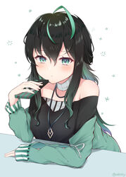  absurdres ahoge artist_name bare_shoulders black_hair blush breasts closed_mouth female green_eyes green_hair hair_between_eyes hand_up highres holding holding_phone jacket jewelry large_breasts long_hair looking_at_viewer multicolored_hair necklace nijisanji nijisanji_kr off_shoulder phone shin_yuya simple_background solo virtual_youtuber white_background zky_(oekaky) 