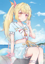  :3 absurdres ahoge back_bow beach blonde_hair blunt_bangs blush bow breasts closed_mouth cloud collarbone commentary female hair_ornament hair_ribbon hand_to_own_mouth hand_up heterochromia highres hoshikawa_sara hoshikawa_sara_(3rd_costume) large_breasts long_hair looking_at_viewer midriff nijisanji ocean outdoors red_eyes ribbon shirt side_ponytail sitting sky smile solo virtual_youtuber water white_bow wrist_cuffs x_hair_ornament yellow_eyes zky_(oekaky) 