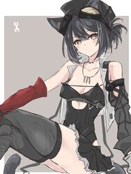  an_fyhx animal_ears arknights bare_shoulders black_hair black_headwear black_leotard black_skirt black_thighhighs blush breasts bright_pupils cat_ears cat_girl cat_tail cleavage closed_mouth collarbone commentary crossed_legs cutout_above_navel detached_sleeves female goggles goggles_on_head grey_background highres jewelry leotard leotard_under_clothes long_sleeves looking_at_viewer miniskirt necklace rockrock_(arknights) short_hair simple_background sitting skirt small_breasts solo strapless strapless_leotard symbol-only_commentary tail thighhighs yellow_eyes 