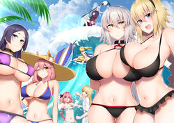  1boy 1other 6+girls alternate_breast_size animal_ear_fluff animal_ears astolfo_(fate) astolfo_(sparkling_frills)_(fate) beach_umbrella bikini black_kimono blonde_hair blue_bikini blue_eyes blush braid breasts chevalier_d&#039;eon_(fate) choker cleavage closed_eyes commentary_request ears_through_headwear eyepatch_bikini fate/grand_order fate_(series) fox_ears fox_girl fox_tail giant_brush grey_hair groin hair_bun hair_intakes hair_ornament hairpin hat highres holding holding_paintbrush huge_breasts ink japanese_clothes jeanne_d&#039;arc_(fate) jeanne_d&#039;arc_(ruler)_(fate) jeanne_d&#039;arc_alter_(avenger)_(fate) jeanne_d&#039;arc_alter_(fate) katsushika_hokusai_(fate) kimono kitajima_yuuki large_breasts long_braid long_hair low-tied_long_hair minamoto_no_raikou_(fate) minamoto_no_raikou_(swimsuit_lancer)_(fate) mordred_(fate) mordred_(swimsuit_rider)_(fate) mordred_(swimsuit_rider)_(first_ascension)_(fate) multicolored_hair multiple_girls navel ocean oerba_yun_fang one_eye_closed otoko_no_ko outdoors paintbrush parasol partial_commentary pink_hair prydwen_(fate) purple_bikini purple_eyes purple_hair red_bikini side-tie_bikini_bottom single_braid single_hair_bun straw_hat streaked_hair surfboard surfing swimsuit tail tamamo_(fate) tamamo_no_mae_(swimsuit_lancer)_(fate) umbrella very_long_hair waves white_hair yellow_eyes 