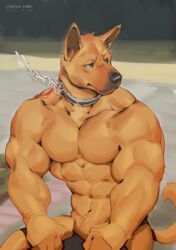  2021 abs anthro bondage brown_eyes canid canine canis canyne_khai chains collar domestic_dog fur male mammal muscular muscular_male muscular_sub pecs petplay road roleplay signature solo submissive yellow_body yellow_fur 