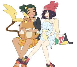  1boy alolan_raichu alolan_sandshrew bag beanie black_shirt blush closed_eyes commentary_request dark-skinned_male dark_skin eyelashes female floral_print green_hair green_shorts hat hau_(pokemon) holding holding_pokemon invisible_chair korean_commentary open_mouth orange_footwear orange_shorts park_0o0 pokemon pokemon_(creature) pokemon_sm red_headwear selene_(pokemon) shirt shoes short_ponytail short_shorts short_sleeves shorts sitting smile sneakers t-shirt unworn_bag 