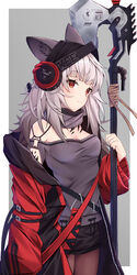  absurdres animal_ear_fluff animal_ears arknights black_jacket black_skirt breasts brown_pantyhose closed_mouth commentary female frostleaf_(arknights) grey_background grey_hair grey_tank_top headphones highres holding holding_weapon implied_extra_ears jacket long_hair material_growth off-shoulder_shirt off_shoulder open_clothes open_jacket oripathy_lesion_(arknights) pantyhose ponta_(velmar) red_eyes shirt skirt small_breasts solo strap_slip tank_top two-tone_background weapon white_background 