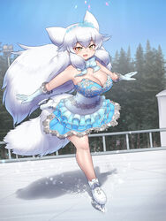  3:4 action_pose alternative_fashion animal_humanoid arctic_fox arctic_fox_(kemono_friends) big_breasts bottomwear bow_tie breasts canid canid_humanoid canine canine_humanoid cleavage clothed clothing crown dancewear dress ero_lolita female figure_skates figure_skating fluffy fluffy_tail fox fox_humanoid gloves hair handwear headgear hi_res hime_lolita humanoid ice ice_skates ice_skating ice_skating_rink j-fashion kemono_friends lolita_(fashion) long_hair mammal mammal_humanoid mo23 on_one_leg one_leg_up open_mouth open_smile outside plant pose raised_leg skirt smile snow solo sparkles standing tail tiara tree true_fox tutu white_hair winter yellow_eyes 