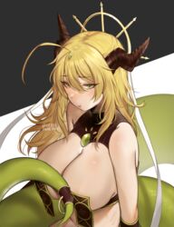  :t ahoge artist_name bare_shoulders blonde_hair breasts cleavage commentary english_commentary female green_eyes hair_between_eyes horns huge_breasts lamia long_hair monster_girl ofuda ofuda_on_nipples original pasties pout simple_background snek_(terupancake) solo tail tail_ornament terupancake twitter_username 