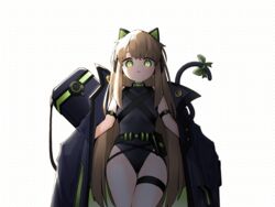  animal_ear_headphones animal_ears black_leotard blonde_hair bow cat_ear_headphones cowboy_shot dayaman dotted_background expressionless fake_animal_ears female flat_chest from_below girls&#039;_frontline green_bow green_eyes headphones highleg highleg_leotard highres jacket leotard long_hair long_sleeves looking_at_viewer looking_down parted_lips shadow sidelocks simple_background solo standing tail tail_bow tail_ornament thigh_strap tmp_(girls&#039;_frontline) very_long_hair 