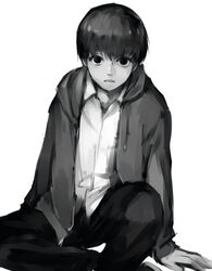  1boy arm_support collared_shirt feet_out_of_frame grey_background greyscale hood hooded_jacket jacket kaneki_ken looking_at_viewer male_focus monochrome open_clothes open_jacket pants parted_lips shiromi_(ringo) shirt short_hair simple_background sitting solo tokyo_ghoul 