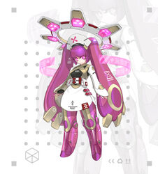  absurdres armor arms_at_sides belt belt_pouch chinese_commentary commentary cross female full_body halo hat highres hologram jinyu_lao_honglingjin joints long_hair looking_at_viewer mecha_musume mechanical_hair mechanical_halo no_feet nurse_cap original pink_eyes pink_hair pouch red_cross robot_joints solo standing symbol-shaped_pupils twintails very_long_hair white_background 