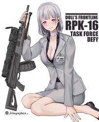  absurdres artist_name bandaged_neck bandages black_footwear blush breasts character_name cleavage closed_mouth copyright_name english_text female formal girls&#039;_frontline grey_jacket grey_skirt grey_suit gun headphones highres holding holding_weapon id_card jacket large_breasts light_machine_gun lithographica long_sleeves looking_at_viewer medium_breasts medium_hair official_alternate_costume official_style on_floor open_clothes open_shirt purple_eyes purple_shirt rpk-16 rpk-16_(girls&#039;_frontline) rpk-16_(renate)_(girls&#039;_frontline) shirt shoes simple_background sitting skirt smile solo suit twitter_username weapon white_background white_hair 