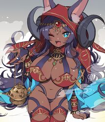  animal_ears blue_eyes breasts dark-skinned_female dark_skin fate/grand_order fate_(series) female highres hood horns huge_breasts long_hair navel oerba_yun_fang oil_lamp one_eye_closed purple_hair queen_of_sheba_(fate) sa_nu sitting solo 