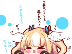  &gt;_&lt; absurdres anger_vein azur_lane blonde_hair blush chibi closed_eyes commander_(azur_lane) commentary_request disembodied_hand facing_viewer female flying_sweatdrops hair_ornament hands_up highres kalk_(azur_lane) kurukurumagical long_sleeves multicolored_hair noogie open_mouth simple_background sleeves_past_fingers sleeves_past_wrists solo_focus tears translated two-tone_hair two_side_up wavy_mouth white_background white_hair 