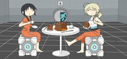  2girls bad_id bad_pixiv_id black_forest_cake black_hair blonde_hair blush cake chell chell_(cosplay) chito_(shoujo_shuumatsu_ryokou) closed_eyes closed_mouth cosplay cup eating facing_another food fork highres holding holding_cup holding_fork holding_plate long_hair low_twintails multiple_girls parted_lips plate portal_(series) shoujo_shuumatsu_ryokou sitting smile table teacup twintails yoyohachi yuuri_(shoujo_shuumatsu_ryokou) 