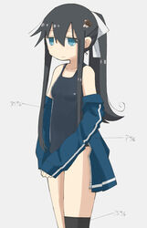  bad_id bad_pixiv_id black_hair black_one-piece_swimsuit blue_eyes bow closed_mouth collarbone expressionless female hairbow highres long_hair looking_at_viewer mushroom_on_head one-piece_swimsuit ponytail school_swimsuit shimeji_simulation sidelocks solo swimsuit tsukishima_shijima undressing white_bow yoyohachi 