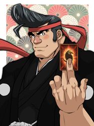  1boy alternate_costume black_hair black_kimono blush card hachimaki hair_strand haori headband highres hitenmaru holding holding_card huge_eyebrows japanese_clothes kimono looking_at_viewer male_focus muscular muscular_male noboru_gongenzaka pectorals pompadour red_nose short_hair sideburns smile solo textless_version upper_body yu-gi-oh! yu-gi-oh!_arc-v 