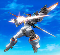  beam_saber d-1 holding holding_sword holding_weapon kikou_senki_dragonar looking_up mecha mechanical_wings no_humans platin_(alios) pointing robot science_fiction sky solo sword weapon wings yellow_eyes 