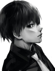  1boy closed_mouth collared_shirt grey_background greyscale kaneki_ken male_focus monochrome necktie profile shiromi_(ringo) shirt short_hair simple_background solo tokyo_ghoul 