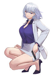  absurdres bandaged_neck bandages bare_legs blazer breasts closed_mouth commentary cthun_(wfxf7837) female formal full_body girls&#039;_frontline grey_hair gun handgun high_heels highres holding holding_gun holding_weapon jacket legs looking_at_viewer makarov_pm office_lady official_alternate_costume official_style open_clothes open_jacket purple_eyes purple_footwear purple_shirt rpk-16_(girls&#039;_frontline) rpk-16_(renate)_(girls&#039;_frontline) shirt short_hair sitting skirt smile solo suit thighs trigger_discipline weapon white_background white_jacket white_skirt white_suit 