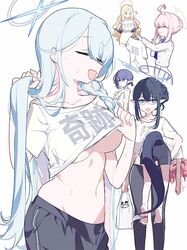  6+girls ? ahoge aoi_(blue_archive) ayumu_(blue_archive) ba_fed_kitaku bag barefoot black_hair black_shorts blonde_hair blue_archive blue_eyes blue_hair breasts carrying carrying_person carrying_under_arm closed_eyes closed_mouth general_student_council_president_(blue_archive) glasses halo holding holding_bag holding_clothes holding_shirt kaya_(blue_archive) large_breasts lifting_own_clothes long_hair looking_at_another momoka_(blue_archive) multiple_girls open_mouth pink_hair pointy_ears rin_(blue_archive) shirt short_hair_with_long_locks short_sleeves shorts sweat t-shirt tail very_long_hair white_background white_shirt 