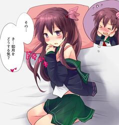  bed black_jacket brown_hair commentary_request embarrassed female green_sailor_collar green_skirt hair_ornament highres hirune_(konekonelkk) imagining jacket kantai_collection kisaragi_(kancolle) kisaragi_kai_ni_(kancolle) long_hair lying neckerchief off_shoulder on_side pillow pleated_skirt purple_eyes red_neckerchief sailor_collar school_uniform serafuku skirt solo 