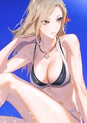  akiyoshi_haru alternate_costume bikini black_bikini blue_background blurry breasts brown_eyes cleavage closed_mouth collarbone commentary cowboy_shot depth_of_field female flower from_side hair_flower hair_ornament hand_in_own_hair hand_up hibiscus highleg highleg_bikini jewelry kisara_(tales) knee_up large_breasts layered_bikini light_brown_hair light_particles long_hair looking_to_the_side multi-strapped_bikini necklace pendant pink_lips red_flower sidelocks simple_background sitting solo striped_bikini striped_clothes swimsuit symbol-only_commentary tales_of_(series) tales_of_arise thighs white_bikini 