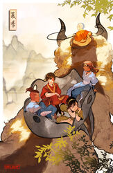  2girls 3boys aang appa artist_name avatar:_the_last_airbender avatar_legends bad_id bad_tumblr_id bald black_hair braid braided_ponytail branch brown_hair burn_scar commentary dark_skin english_commentary flying hair_bun hairband highres horns katara midair mountain multiple_boys multiple_girls riding saddle scar short_ponytail single_hair_bun sitting sokka toph_bei_fong velinxi zuko 