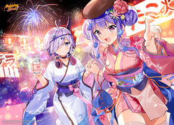  2girls :d ahoge beret blue_flower bottle commentary copyright_name double_bun english_commentary fireworks flower glass_bottle hair_bun hair_flower hair_ornament hair_over_one_eye hat headphones headphones_around_neck highres holding_hands japanese_clothes kimono lantern logo looking_at_viewer mahjong_soul mask mask_on_head milk_bottle multiple_girls murakami_yuichi official_art official_wallpaper paper_lantern pink_eyes pink_flower purple_hair red_mask short_hair smile summer_festival suzumiya_anju takanashi_hinata zettai_ryouiki 