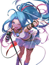  ahoge belt black_nails blue_eyes blue_hair crop_top female fishnet_pantyhose fishnets granblue_fantasy high_ponytail highres long_hair looking_at_viewer lyria_(born_to_be_snowdos)_(granblue_fantasy) lyria_(granblue_fantasy) microphone microphone_stand navel official_alternate_costume one_eye_closed open_mouth pantyhose sidelocks skirt smile solo tekki_(tki) very_long_hair 