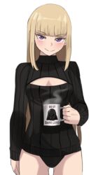  am_(star_wars) arm_at_side black_panties black_sweater blonde_hair blunt_bangs breasts cleavage_cutout closed_mouth clothing_cutout coffee_mug commentary cup darth_vader english_commentary english_text female highres hime_cut holding holding_cup jourd4n long_sleeves looking_at_viewer medium_breasts mug no_pants panties purple_eyes ribbed_sweater simple_background smile solo split_mouth star_wars star_wars:_visions straight-on sweater underwear white_background 