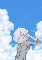  blue_eyes blue_nails blue_sky borrowed_character cloud elf female flat_chest heterochromia highres hood hoodie leaf nail_polish nowareno_(azuma_shino) open_mouth original pointy_ears raigou sky slit_pupils solo white_hair 