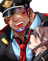  1boy bara blush dark-skinned_male dark_skin eyebrows_visible_through_hat facial_hair female female_protagonist_(live_a_hero) goatee hat highres kizami_nori_to_yamaimo live_a_hero long_sideburns mature_male muscular muscular_male necktie one_eye_closed pectorals police police_hat police_uniform policeman purple_hair red_necktie shaft_(live_a_hero) short_hair sideburns tearing_up thick_eyebrows uniform upper_body 