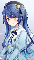  absurdres ahoge amamiya_kokoro amamiya_kokoro_(1st_costume) aqua_hair bell black_hat blue_dress blue_hair blue_ribbon blush closed_mouth dress female gradient_hair hair_bell hair_ornament hair_ribbon hat highres jingle_bell long_hair long_sleeves looking_at_viewer multicolored_hair nijisanji oerba_yun_fang ribbon skin_fang smile solo two_side_up virtual_youtuber x_hair_ornament yellow_eyes zky_(oekaky) 