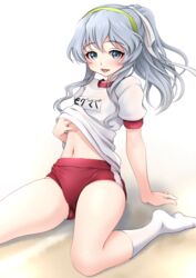  absurdres ass_visible_through_thighs buruma clothes_lift day female green_hairband grey_eyes grey_hair gym_shirt gym_uniform hair_between_eyes hairband headband highres kantai_collection kneehighs long_hair looking_at_viewer makura_(y_makura) name_tag outdoors panties_under_buruma ponytail red_buruma shirt shirt_lift short_sleeves socks solo wavy_hair white_shirt white_socks yamagumo_(kancolle) 