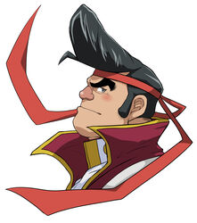  1boy black_hair blush cropped_shoulders from_side frown hachimaki hair_strand headband highres hitenmaru huge_eyebrows looking_at_viewer male_focus noboru_gongenzaka pompadour red_nose short_hair sideburns solo upper_body wind yu-gi-oh! yu-gi-oh!_arc-v 