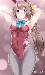  absurdres adapted_costume animal_ears armpits arms_behind_head bad_id bad_pixiv_id blue_bow blue_bowtie blue_eyes blue_ribbon bow bowtie breasts brown_hair covered_navel cowboy_shot detached_collar fake_animal_ears female grey_pantyhose hair_ribbon highres ibuki_grunt kantai_collection kazagumo_(kancolle) kazagumo_kai_ni_(kancolle) leotard long_hair looking_at_viewer pantyhose pink_background playboy_bunny ponytail purple_leotard rabbit_ears rabbit_tail ribbon small_breasts solo sparkle_background standing strapless strapless_leotard tail twitter_username wing_collar wrist_cuffs 