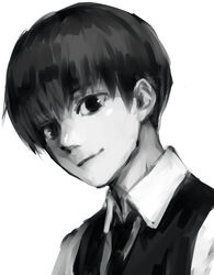  1boy closed_mouth collared_shirt grey_background greyscale kaneki_ken looking_at_viewer male_focus monochrome official_alternate_costume portrait shiromi_(ringo) shirt short_hair simple_background solo tokyo_ghoul vest waiter 