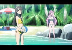  2girls akashi_(kancolle) anime_coloring bag ball beach beach_umbrella beachball bikini black_hair commentary_request cooler cowboy_shot fake_screenshot feet_out_of_frame flat_chest frilled_bikini frills front-tie_top full_body glasses green_eyes hair_ribbon hairband halterneck highres kantai_collection letterboxed long_hair looking_at_viewer mikan_29344886 multiple_girls ooyodo_(kancolle) outdoors pink_hair ribbon side-tie_bikini_bottom standing swimsuit tress_ribbon umbrella wading white_bikini white_hairband yellow_bikini 