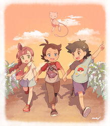  2boys :d arm_up bag black_footwear black_hair blue_eyes blue_shirt blue_shorts blue_skirt border braid braided_ponytail brown_eyes brown_pants bush character_print cloud commentary_request dark_skin dark_skinned_male dusk female floating gen_1_pokemon gengar gou_(pokemon) green_eyes highres holding_hands looking_at_another mei_(maysroom) mew multiple_boys mythical_pokemon neckerchief no_hat no_headwear no_socks open_mouth outdoors pants pointing poke_ball_print pokemon pokemon_(anime) pokemon_(creature) pokemon_swsh_(anime) print_shirt red_footwear red_hair road sakuragi_koharu satoshi_(pokemon) shirt shoes shorts shoulder_bag single_braid skirt smile star_(symbol) star_print upper_teeth walking what_if white_border white_legwear white_shirt yellow_neckwear younger 