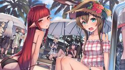  6+girls :d :q amiya_(arknights) animal animal_ears arknights ass back baseball_cap bikini bird black_bikini blonde_hair blue_eyes blunt_bangs blush boots breasts brown_hair ch&#039;en_(arknights) commentary cup doctor_(arknights) drinking drinking_glass feather_hair female_tourist_c_(arknights) flower food gummy_(arknights) gummy_(summer_flowers)_(arknights) hair_between_eyes hat horns ice_cream ifrit_(arknights) ifrit_(sunburn)_(arknights) long_hair multiple_girls navel official_alternate_costume open_mouth outdoors palm_tree parasol pointy_ears rabbit_ears rose ryuinu sailor_collar sandals saria_(arknights) see-through silence_(arknights) single_thighhigh sitting skirt smile straw_hat sweatdrop swimsuit symbol-only_commentary tail thighhighs tongue tongue_out tree umbrella vigna_(arknights) vigna_(casual_vacation)_(arknights) 