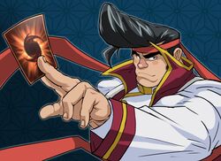  1boy between_fingers black_hair blush card foreshortening frown hachimaki hair_strand headband highres hitenmaru holding holding_card huge_eyebrows looking_at_viewer male_focus noboru_gongenzaka pompadour red_nose short_hair sideburns smile solo upper_body yu-gi-oh! yu-gi-oh!_arc-v 