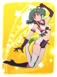  arm_strap black_footwear black_gloves boots breasts chaku_(horhor71) collarbone elbow_gloves female full_body gloves green_hair head_tilt jumping macross macross_frontier midriff navel pointing ranka_lee red_eyes shorts single_thigh_boot small_breasts smile solo star_(symbol) thigh_boots thighhighs two-tone_footwear uta_macross_sumaho_deculture white_footwear 