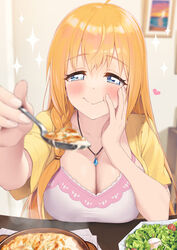  :t ahoge blue_eyes blurry blurry_background blurry_foreground blush braid breasts camisole cleavage closed_mouth collarbone commentary depth_of_field eating egg egg_(food) feeding female food food_request hand_on_own_cheek hand_on_own_face heart highres holding holding_spoon incoming_food indoors jewelry large_breasts lettuce long_hair looking_at_viewer lunch_(shin_new) necklace open_clothes open_shirt orange_hair pecorine_(princess_connect!) pecorine_(real)_(princess_connect!) pink_camisole plate pov_across_table pov_dating princess_connect! salad shirt side_braid smile softboiled_egg solo_focus spoon steam table tomato upper_body wavy_mouth yellow_shirt 