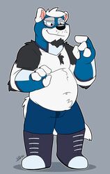  2020 anthro bear belly black_body black_fur black_nose bottomwear canid canine canis clothing fur giant_panda hi_res hybrid male mammal mask navel overweight overweight_anthro overweight_male pants simple_background solo thepandobo white_body white_fur wolf 